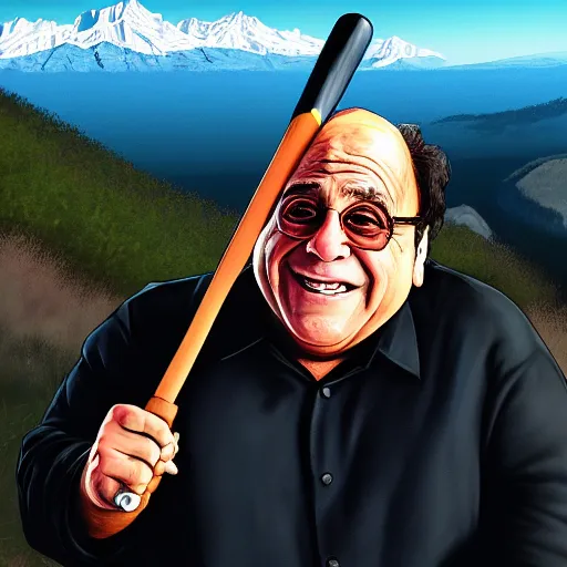 Image similar to Danny Devito at the top of a mountain, scenic view, holding a baseball bat!!, digital art, gta 5 cover art, trending on artstation