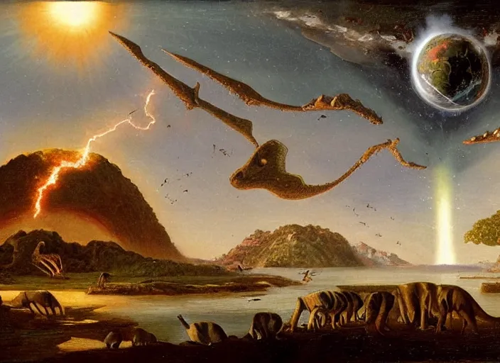 Prompt: earth during the cretaceous – paleogene extinction event, just as the asteroid is colliding with earth, dinosaurs from that era panicing and running in the far background, in the style of hudson river school of art, oil on canvas