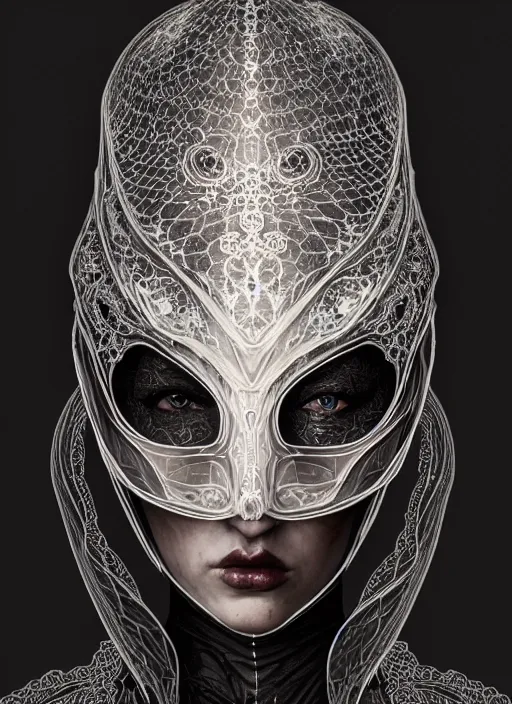 Prompt: lace armor witchy dark, iris van herpen, helmet on face, portrait, voluminous, masterpiece, intricate, highly detailed, artstation, dreamy ghost, concept art