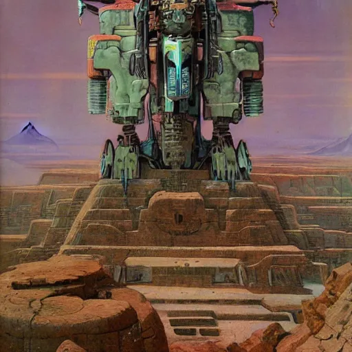 Image similar to mayan mecha in mesa landscape by j. c. leyendecker, bosch, and beksinski