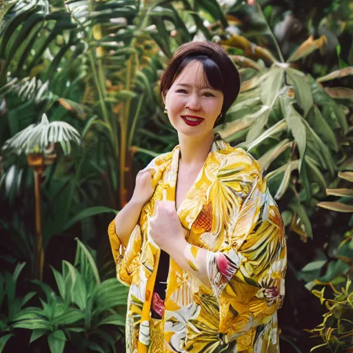 Prompt: Medium format portrait of a beautiful woman wearing a yellow kimono in a tropical greenhouse, she has a very detailed barn owl on her shoulder, ,graflex, 85mm f1.8, bokeh