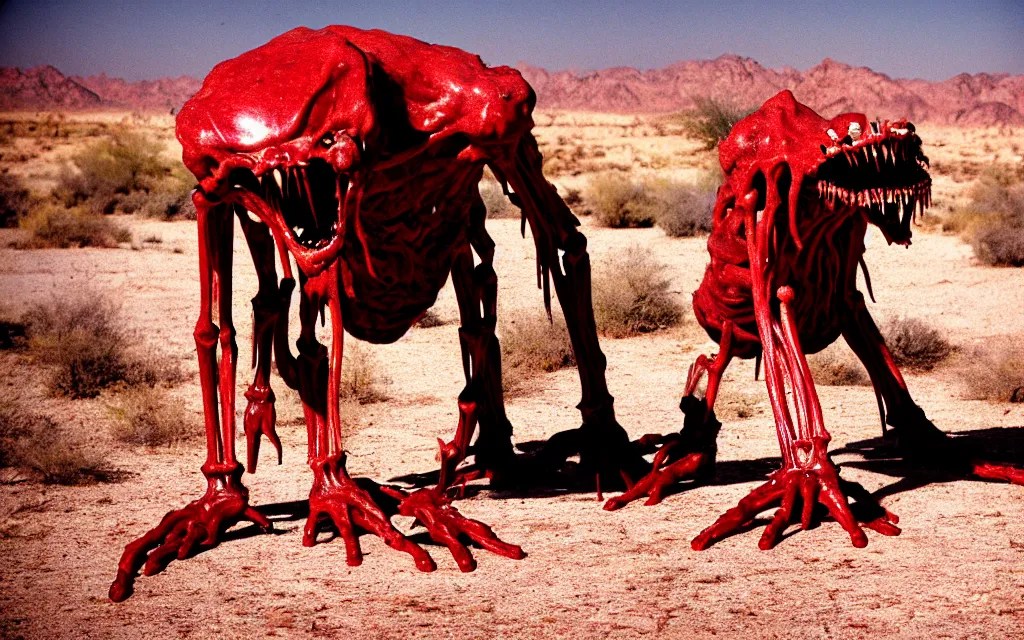 Image similar to in the desert a bloody gross horrifying The Thing creature made of muscle and bone and blood stares at the camera, eating, it walks on two legs, mid day, 35mm photography, realistic,