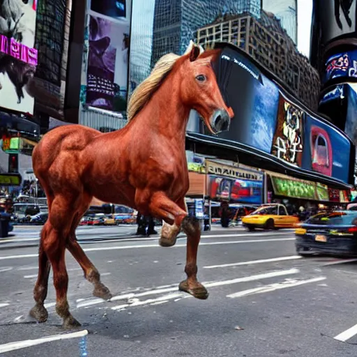 Image similar to an extremely realistic photograph of a centaur with the head mane and torso of a horse, but human legs running through times square