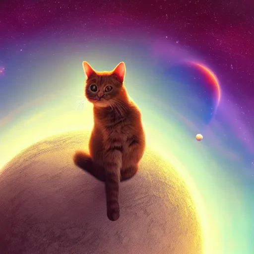 Prompt: a cute cat sitting on top of a planet, 4 k, space photography, ultra - realistic, synthwave