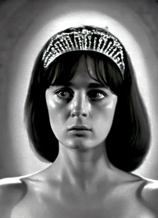 Image similar to 1971 film still from an Italian drama film of a young French actress as the goddess of razor blades. ultra detailed painting at 16K resolution and amazingly epic visuals. epically beautiful image. amazing effect, image looks gorgeously crisp as far as it's visual fidelity goes, absolutely outstanding. vivid clarity. ultra. iridescent. mind-breaking. mega-beautiful pencil shadowing. beautiful face. Ultra High Definition. godly shading. amazingly crisp sharpness. photorealistic film cel processed twice..