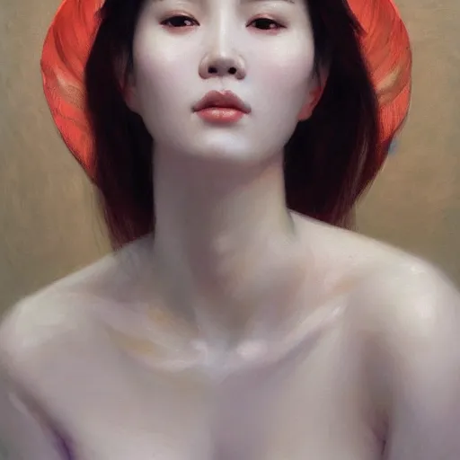 Image similar to yanjun cheng portrait of a beautiful vietnamese woman, intricate, detailed, symmetric face, by wlop and karol bak and bouguereau and santiago caruso