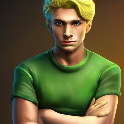 Prompt: artstation fantasy portrait, artist of Utopia, a human male, a dashing space hero with blond hair, wearing a green shirt