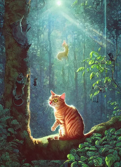 Image similar to a hyper realistic illustrated cat with happy lighting playing in the woods gorgeous lighting, sunbeams blue sky, lush forest foliage painting by chiara bautista and beksinski and norman rockwell and greg rutkowski weta studio, and lucasfilm