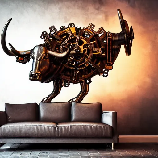 Prompt: a clockwork mechanical bull there are gears sticking out of the bull the room is filled with steam, ultra high detail, high particle effects, highly reflective surface, realistic reflections