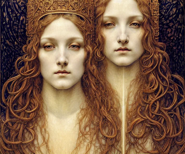 Image similar to detailed realistic beautiful young medieval queen face portrait by jean delville, gustave dore and marco mazzoni, art nouveau, symbolist, visionary, gothic, pre - raphaelite. horizontal symmetry