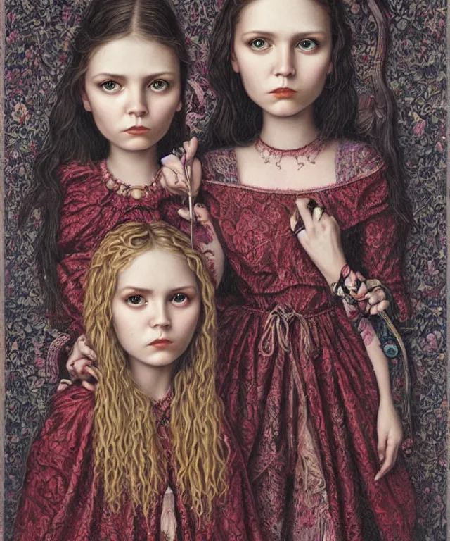 Prompt: epic fantasy portrait of sisters Olsen, lowbrow painting by Mark Ryden