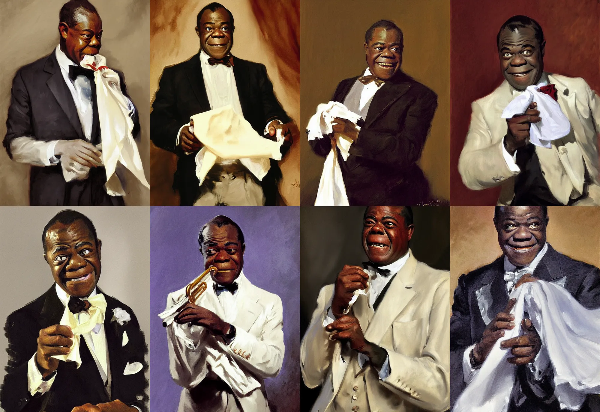 Image similar to a portrait of louis armstrong holding a white handkerchief, by john singer sargent, dramatic lighting, highly detailed digital painting