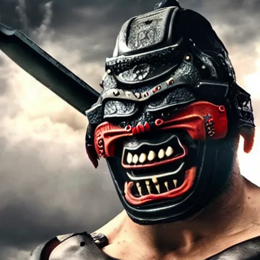 Image similar to fierce big muscular samurai wearing a cybernetic oni mask, accurate very wellmade movie still