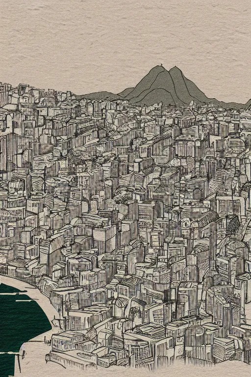 Prompt: A detailed illustration of Rio de Janeiro in the style of Goyō Hashiguchi in high resolution.