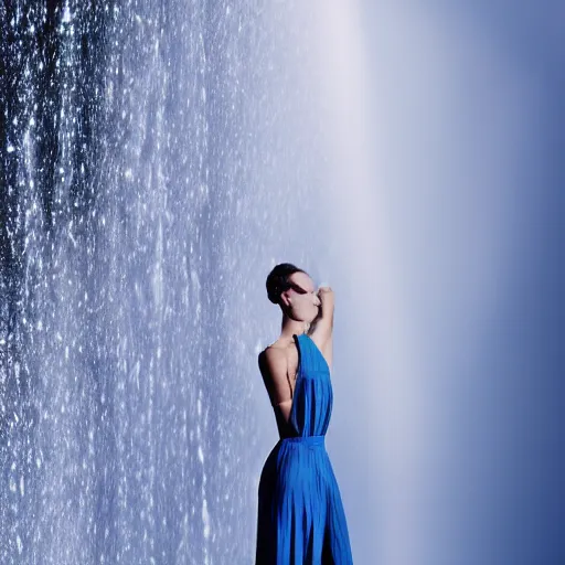 Image similar to centered white perfume standing on top of a clear, blue, waterfall, clean, surreal photography, illumination lighting, sharp focus, vogue