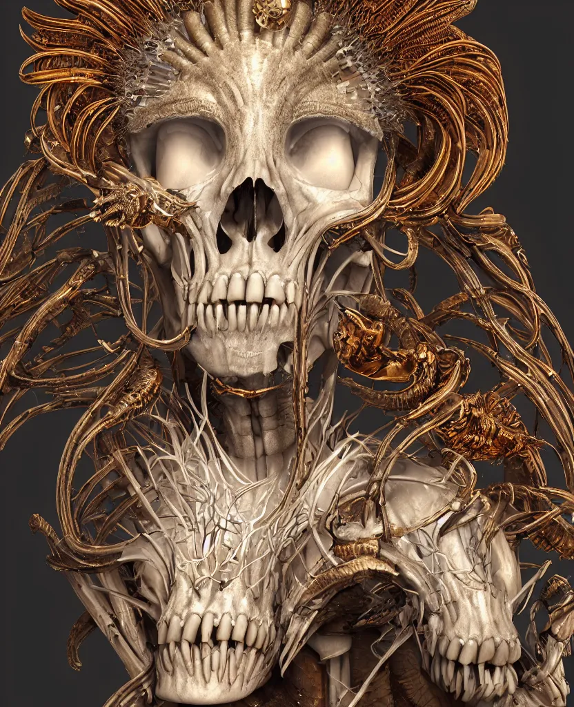 Image similar to close-up macro portrait of the face of a beautiful princess with ram animal skull mask, epic angle and pose, ribcage skeleton symmetrical artwork, 3d with depth of field, blurred background, cybernetic jellyfish female face phoenix bird, translucent, nautilus, energy flows of water and fire. a highly detailed epic cinematic concept art CG render. made in Maya, Blender and Photoshop, octane render, excellent composition, cinematic dystopian brutalist atmosphere, dynamic dramatic cinematic lighting, aesthetic, very inspirational, arthouse. y Greg Rutkowski, Ilya Kuvshinov, WLOP, Stanley Artgerm Lau, Ruan Jia and Fenghua Zhong