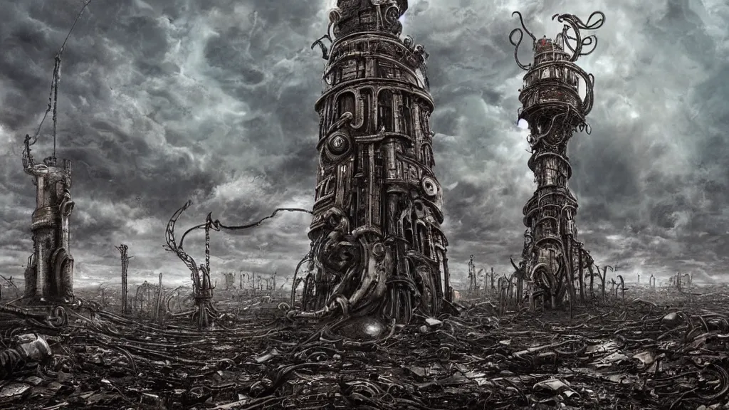 Image similar to A tower with an Eyeball at the top, BioMechanical like Giger, with tentacles coming out, looking over a stormy post-apocalyptic wasteland, dystopian art, wide lens