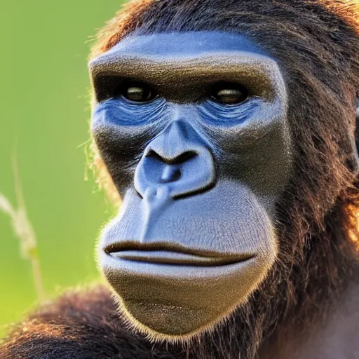 Prompt: photo of australopithecus anamensis crossed with a man, with black human eyes, grey skin, flat human nose, hiding in grass, looking into camera, close up, telephoto Sigma 85 mm f/1.4