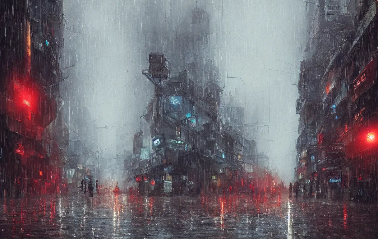 Image similar to A digital painting of a close-up view of a raining cyberpunk street, some street lights and padestrians, by Ismail Inceoglu and Caspar David Friedrich, stunning, photorealistic, highly-detailed, 4k, ue5, light effect, rtx on, realistic, cinematic, IMAX quality, trending on artstation