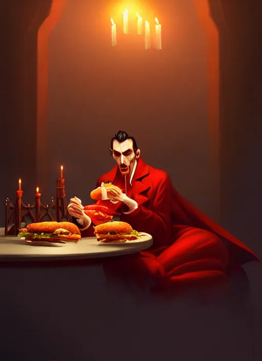 Image similar to portrait of dracula eating a hamburger while reclining, intricate, elegant, glowing candle lights, highly detailed, digital painting, artstation, concept art, smooth, sharp focus, illustration, art by wlop, mars ravelo and greg rutkowski