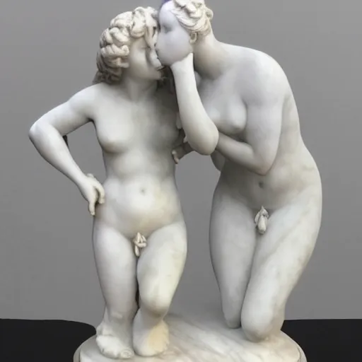 Prompt: sculpture of venus de milo and aphrodite kissing hyperrealistic style in carrara marble