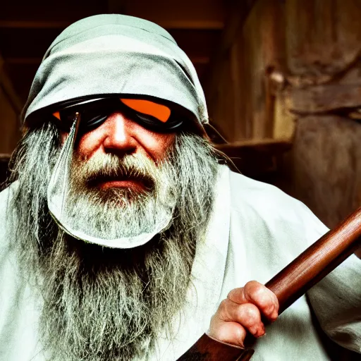 Image similar to a hermit with an eyepatch and a wooden cane, high resolution film still, 8k, HDR color