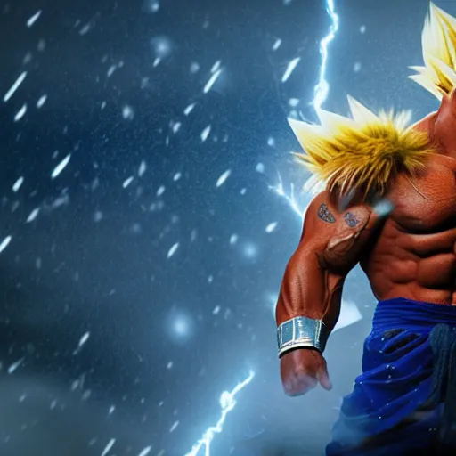 Image similar to photorealistic full shot of Dwayne Johnson as a warrior style goku super saiyan at moonlight, snowing, lightning bolt, high detail, unreal engine 4k volumetric light, fog,