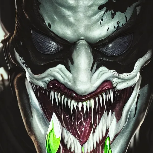 Prompt: joker venom portrait, close up, futuristic sci-fi, alien fabric, venom costume, black slime, roots, chrome mask, beams of light, fog atmosphere, highly no detailed, atmospheric, dark aesthetics, artstation, octane rendering, ultra realistic, 8k