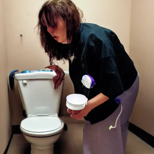 Prompt: photo of crazy cat woman at psych ward drinking water out of a toilet