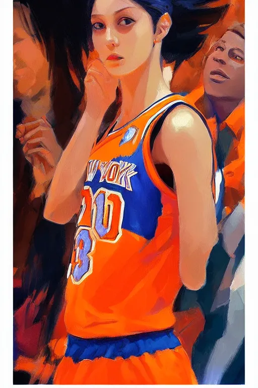 Prompt: A ultradetailed beautiful panting of a stylish woman, she is wearing a New York Knicks basketball jersey, Oil painting, by Ilya Kuvshinov, Greg Rutkowski and Makoto Shinkai