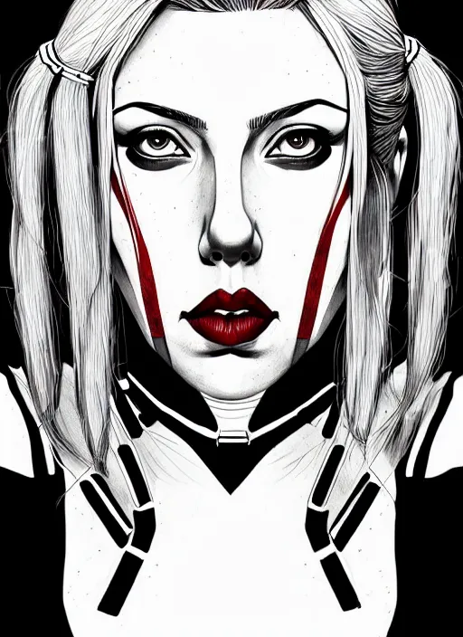 Prompt: symmetry concpet art, full shot, traditional ink, sketch, of scarlet johansson as harley quinn, line sketch, intricate, elegant, highly detailed, monochrome, digital painting, artstation, concept art, sharp focus, illustration, art by borderlands 3 and peter polach