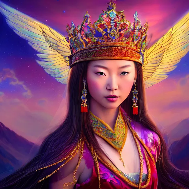 Prompt: beautiful 3 d render of an asian mongolian princess goddess with angelic wings in a sensual pose, princess wearing a crown with gemstones, near lake baikal, atmospheric lighting, painted, intricate, volumetric lighting, beautiful, rich deep colours masterpiece, sharp focus, highly saturated colors, ultra detailed, in the style of dan mumford and marc simonetti, astrophotography