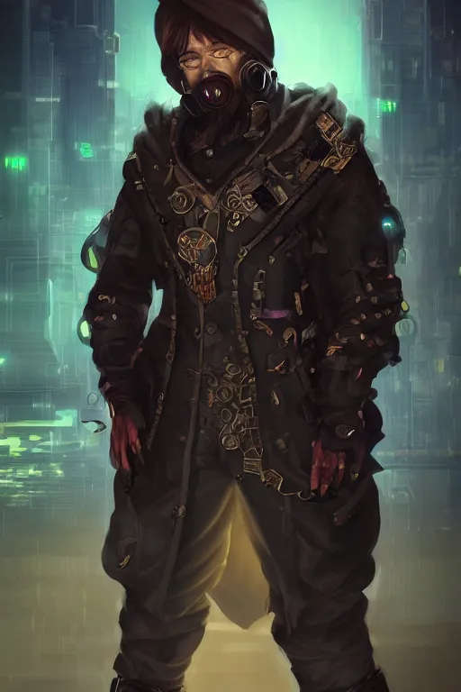 Prompt: beautiful full body portrait of a male cyberpunk gnome black, wearing a fancy velvet tunic, by wlop and artgerm, steampunk! fiction, detailed deep black eyes, starry background, trending, on artstation.