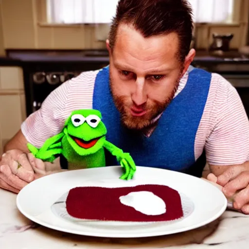 Prompt: a man eating a muppet on a dinner plate