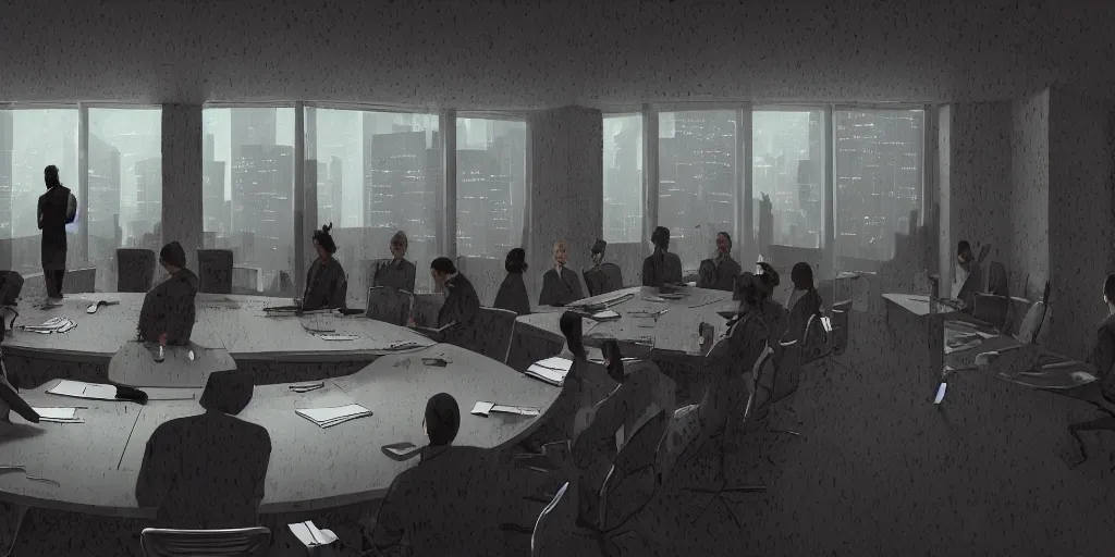 Prompt: cinematic view of orwellian shadow figures arguing at a boardroom table in front of a skyscraper window by jorge jacinto, depth of field, sharp focus, industrial art style, intricate, high detail, digital painting, ultra realistic, cinematic lighting, artstation, 3 5 mm film grain