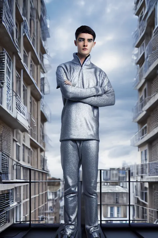 Image similar to un ultra high definition studio quality photographic art portrait of a young man standing on the rooftop of a british apartment building wearing soft padded silver pearlescent clothing. three point light. extremely detailed. golden ratio, ray tracing, volumetric light, shallow depth of field. set dressed.