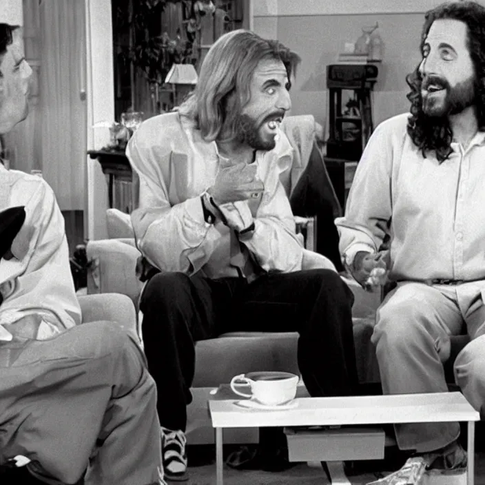 Image similar to Photo still of Jesus Christ in 1990s clothing talking with young Jerry Seinfeld, in the style of the TV show Seinfeld (1994)