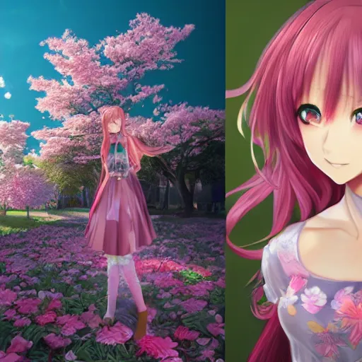 Prompt: 3d rendered anime girl with cherry blossoms as clothing in a flower garden, fantasy art, hyper realistic, detailed, ultra detailed, dynic lighting, fantasy concept art