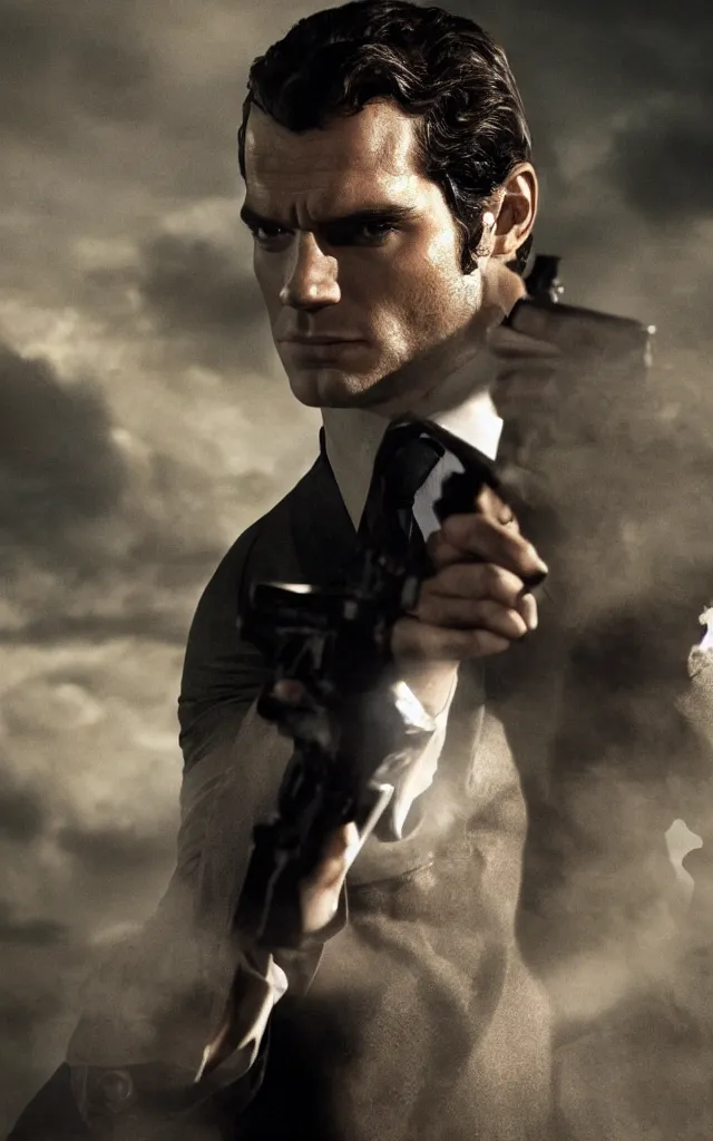 Image similar to henry cavill in the role of james bond by camille corot, cinematic, moody lighting, cinematic lighting