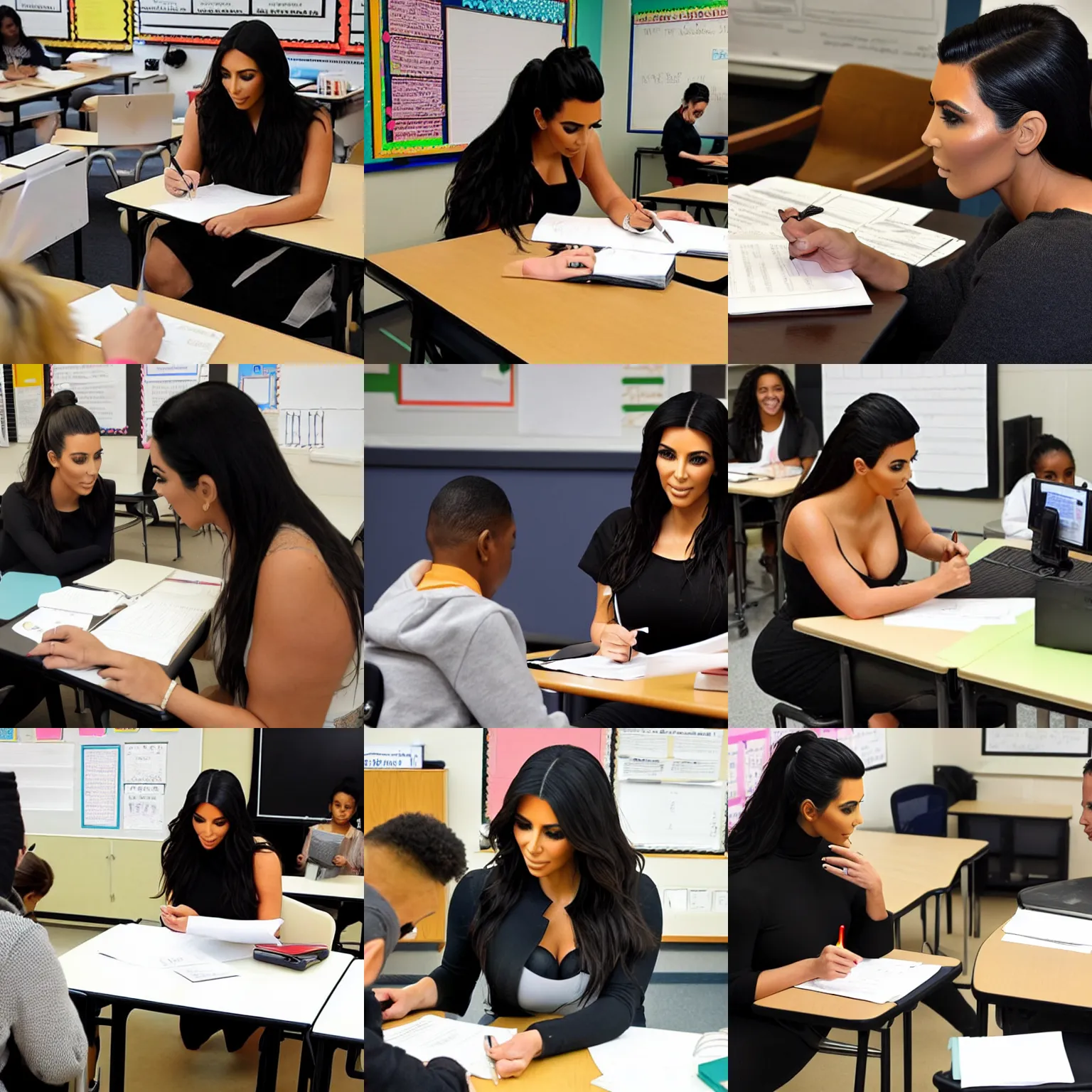 Prompt: kim kardashian giving a test to a adult student in a classroom university