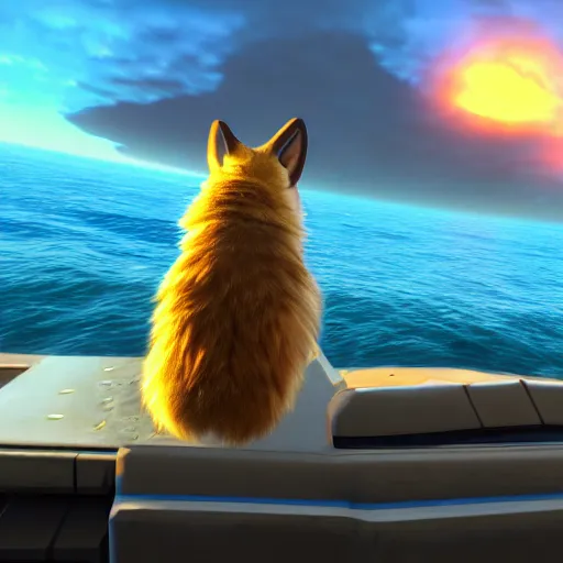 Image similar to high quality photo of star fox looking out at the ocean at sunset realism 8k award winning photo