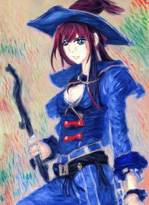 Image similar to a portrait of a female pirate, blue uniform, very anime in impressionist style, anime trending artwork, anime painter studio, by claude monet