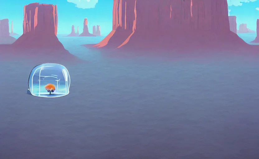 Image similar to hyperrealist painting of a cube inside a giant transparent bubble from howl's moving castle ( 2 0 0 4 ) in a flooded monument valley stonehenge jungle. 1 9 7 0 s science fiction, moody, misty, depth perception, 4 k, artstation, in the style of studio ghibli