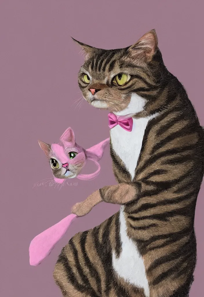 Prompt: portrait of tabby cat ,wearing a pink tuxedo,in the Pixar style, 4k, digital art, award winning