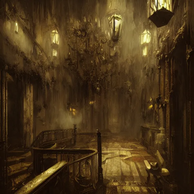 Image similar to ultra - realistic painting gothic 1 9 2 0 s hotel elevator opening up to cosmic horror, atmospheric lighting, brooding, foreboding, by carl spitzweg, ismail inceoglu, vdragan bibin, hans thoma, greg rutkowski, alexandros pyromallis, fine details, realistic shading