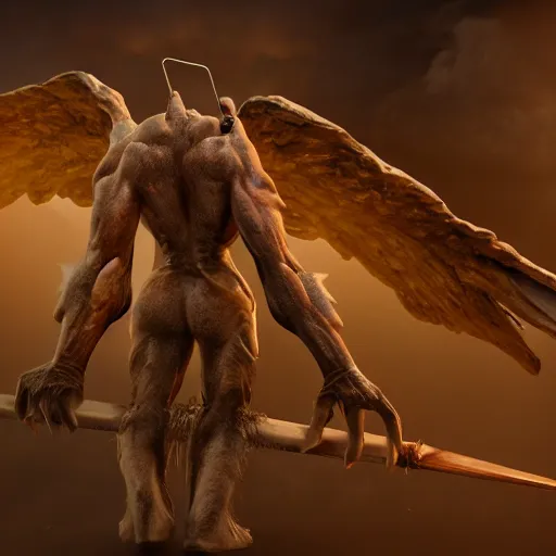 Image similar to cinematography picture of monster with angel wings, no eyes, long jaw, holding a spear, 8k, unreal engine 5, ps5, hyperrealistic, artstation, higly detailed