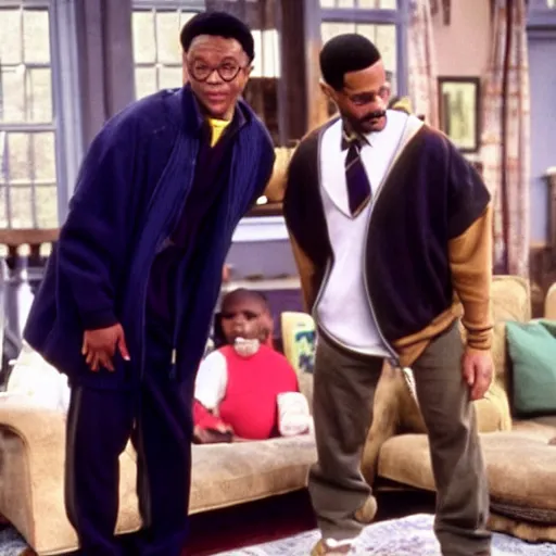 Prompt: Harry Potter next to Will Smith in Fresh Prince of Bell Air