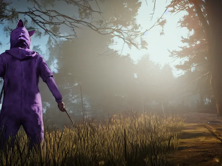 Image similar to purple haired man with cat ears, blue hoodie, facing away from camera in dead by daylight with hook, moody lighting