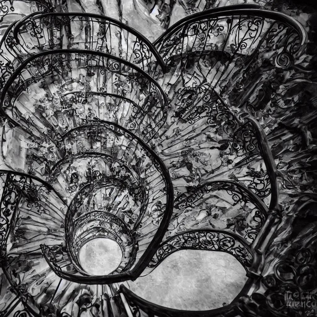 Prompt: grand spiral staircase going down deep in a dark hole, baroque, by etienne - louis boullee and gaudi, dramatic volumetric cinematic light, chiaroscuro, leica, high quality, high detailed