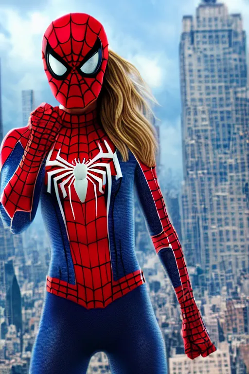 Prompt: Brie Larson wearing a spiderman outfit that hugs her figure, nyc backround, highly detailed, wide shot, intricate, fearful, mystical, sharp focus, Trending on Artstation HQ, deviantart, unreal engine 5, 4K UHD image